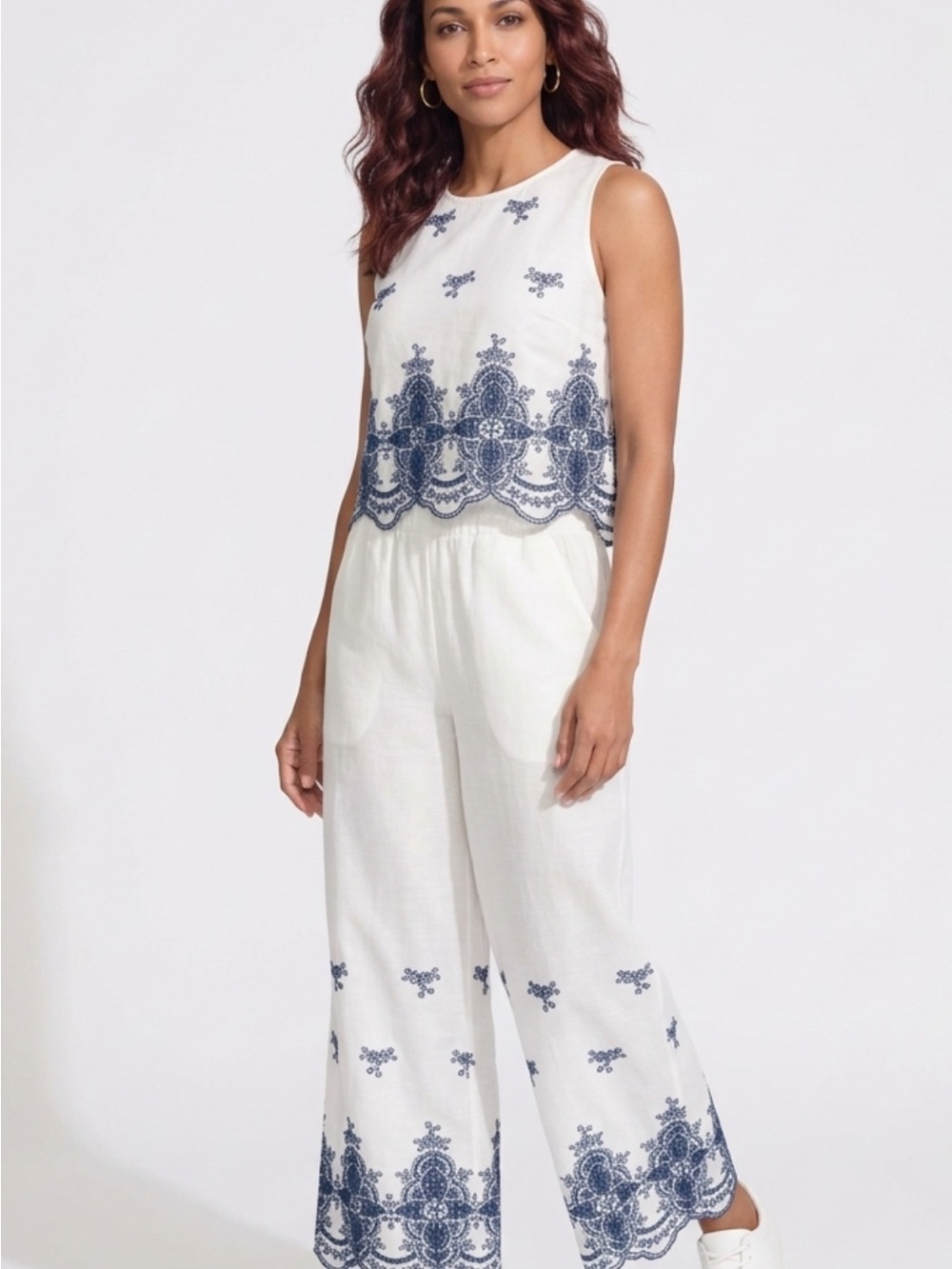 Cotton Blend 2 piece Capri Pants and Top with Embroidery Embellishments